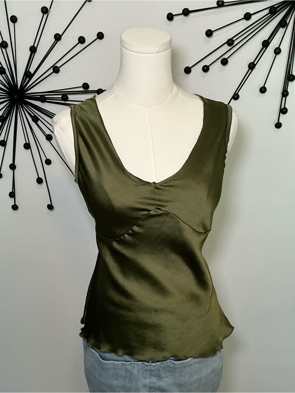 Y2K Olive Green Satin Sheer Tank Top XS